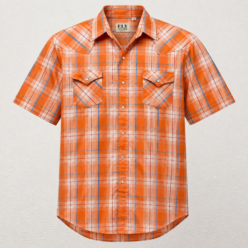 Ely Cattleman Western Shirt Mens XL Orange Blue Plaid Pearl Snap Short Sleeve